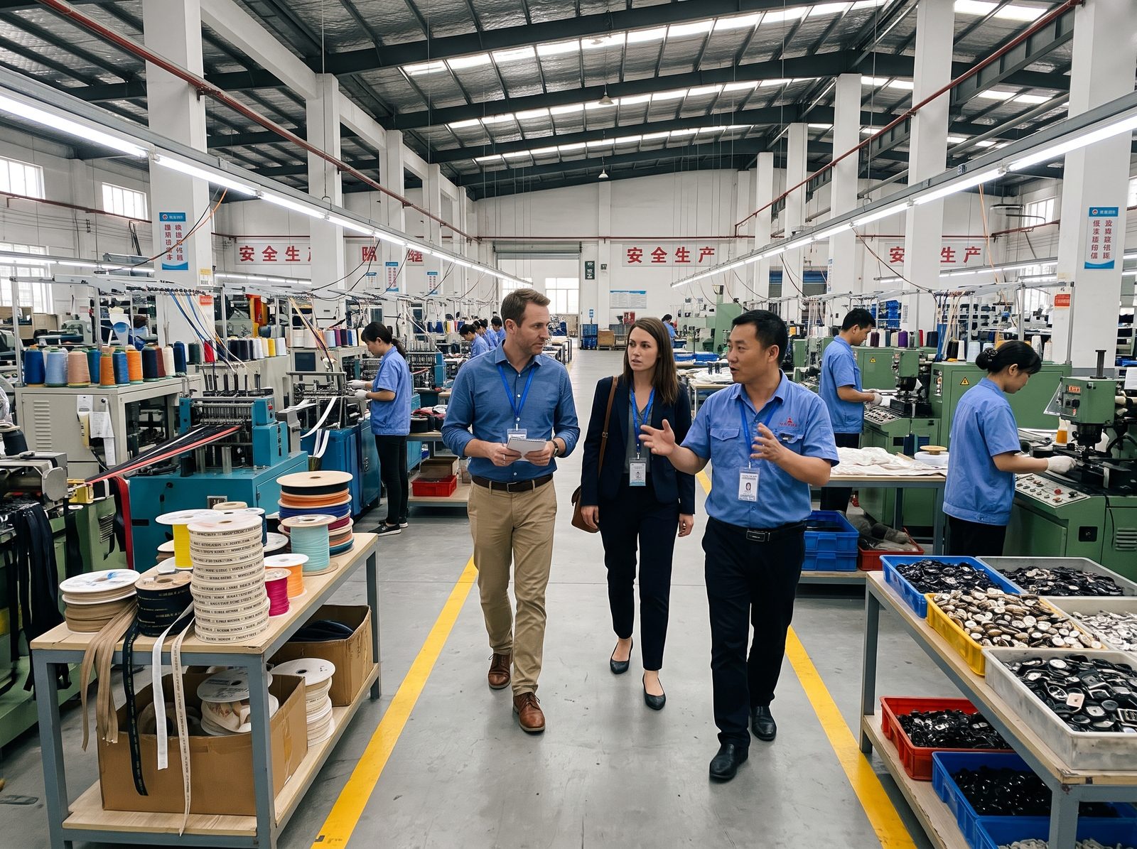 NaikeCraft team showing international visitors the apparel accessories production floor
